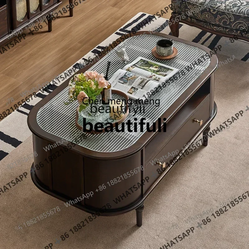 

X Q French retro pure solid wood coffee table black walnut living room American light luxury round tea table