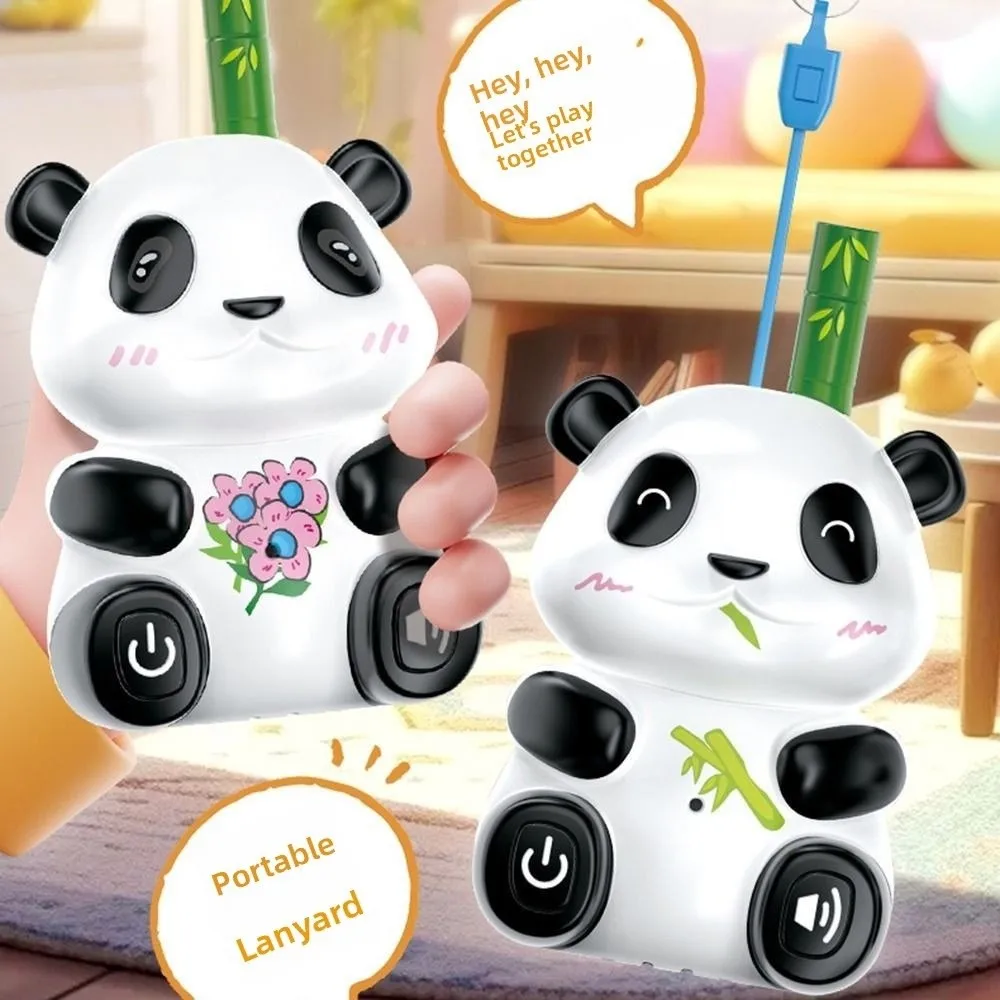 2 pçs panda crianças walkie talkie brinquedos transceptor dos desenhos animados portátil sem fio walkie-talkies com corda de pendurar alimentado por bateria