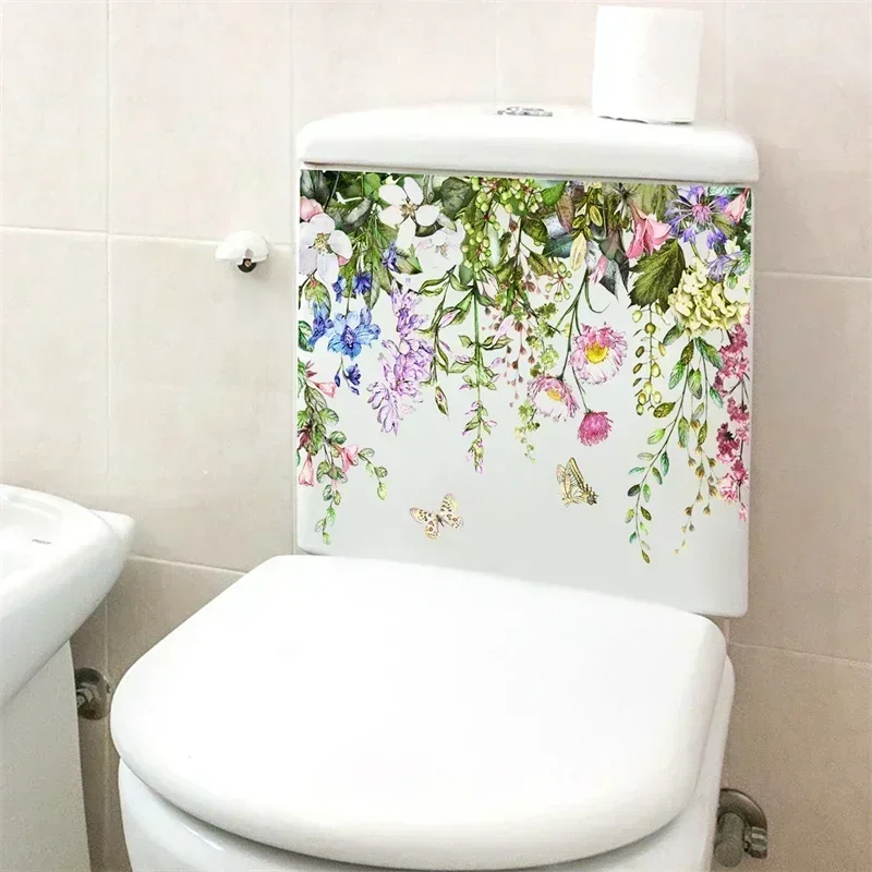 Pegatina de pared de hojas de plantas, Mural autoadhesivo de WC, calcomanías de decoración del hogar de flores embellecedoras, pegatina de