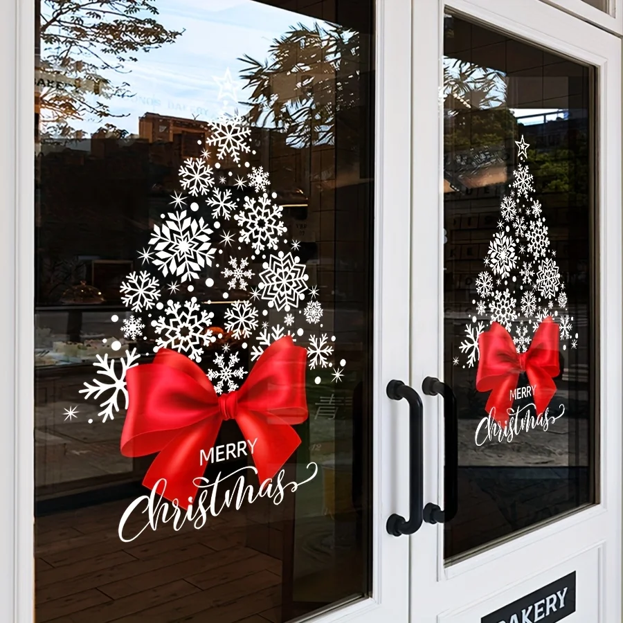 1PC Rote Schleife Schneeflocke Weihnachtsbaum Statische Haftfenster Glas Aufkleber DIY Festliche Party für Home School Restaurant Coffices