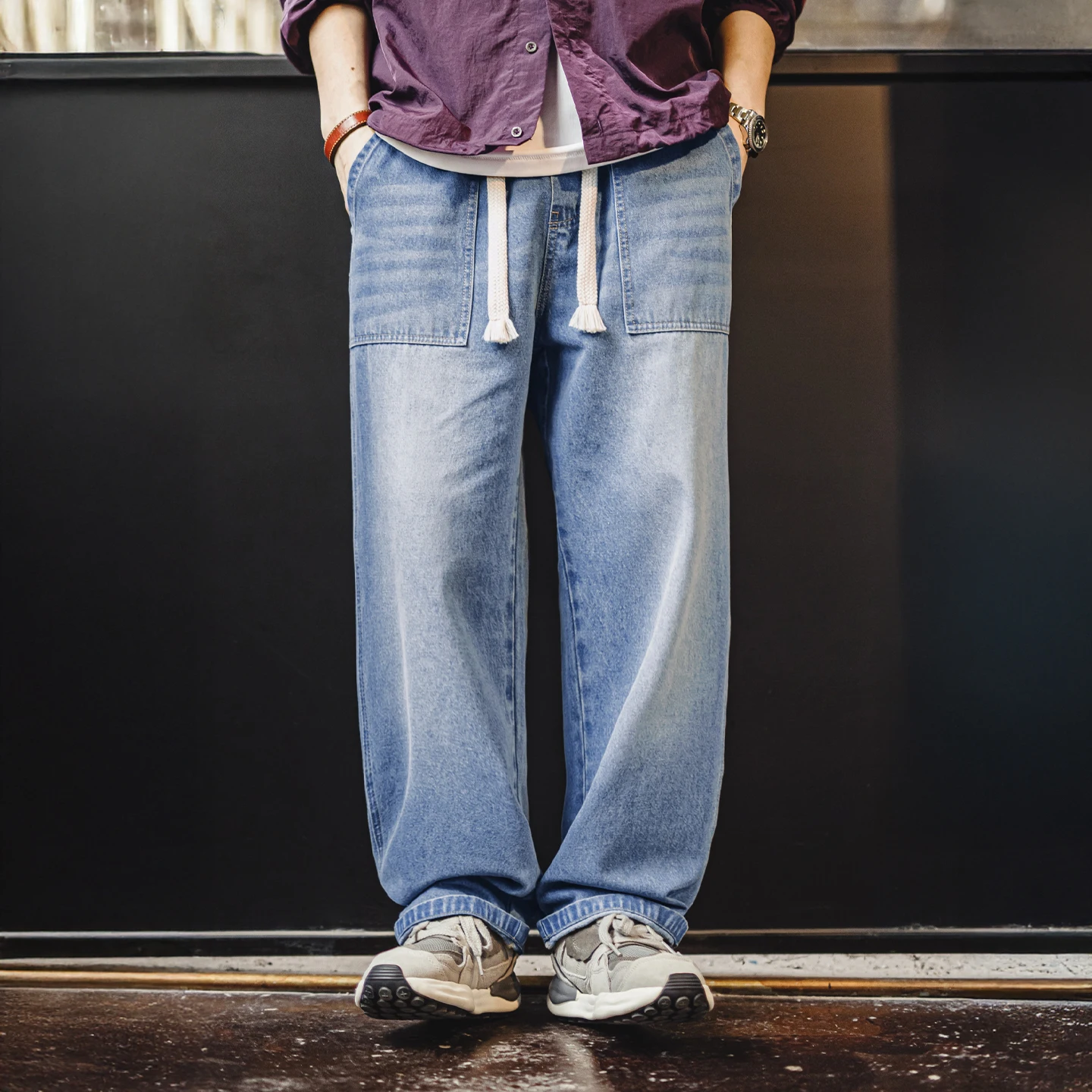 

Maden Men's Vintage Baker Jeans Washed Denim Wide Leg Pants Drawstring Elastic Waist Loose Fit Casual Trousers for Spring Fall