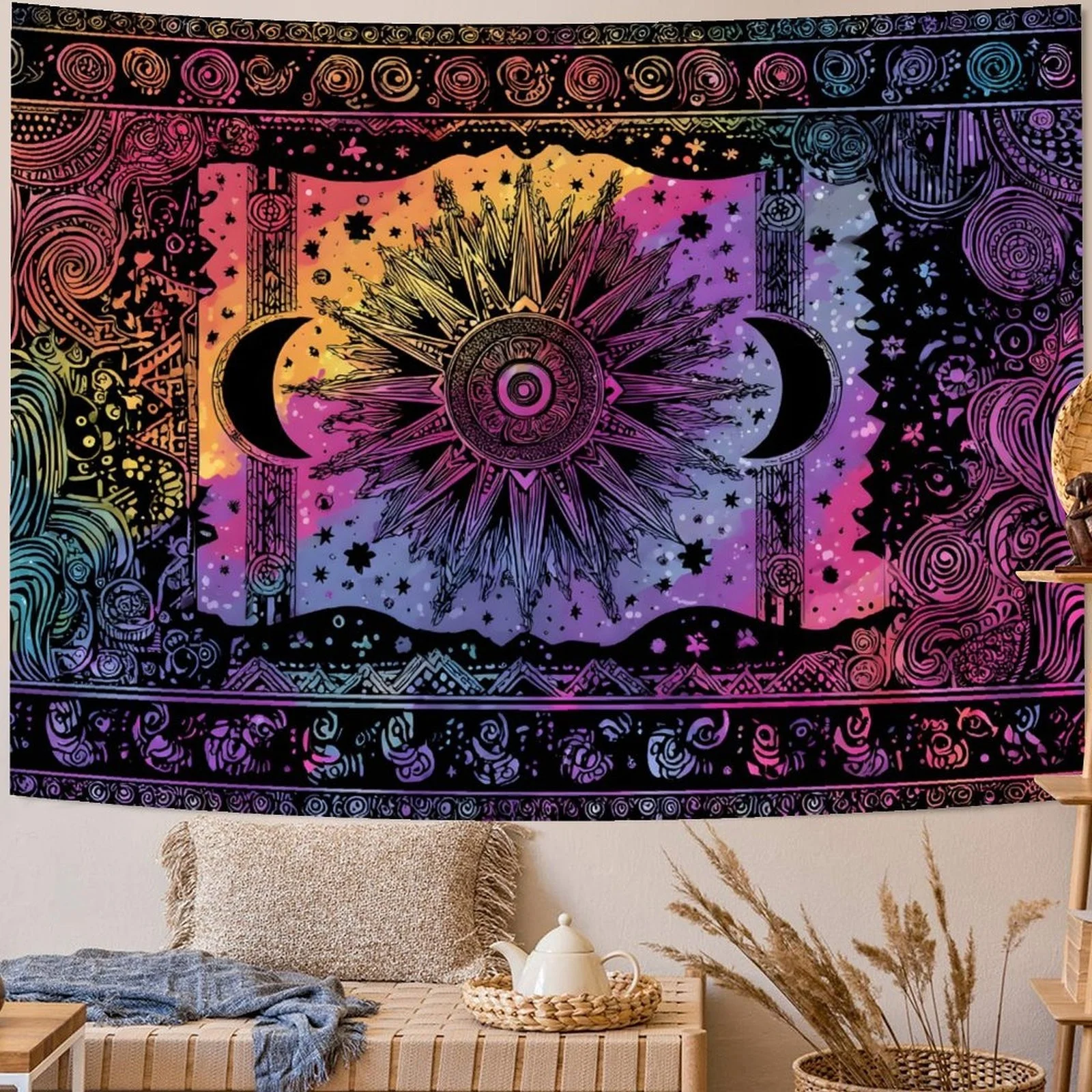 Blacklight Sun And Tapestry Glow In The Dark Neon Hippie Bohemian Tapestries For Bedroom Aesthetic UV Reactive Purple Celestial