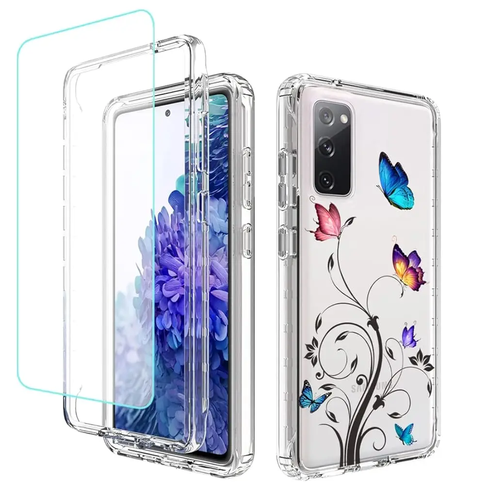 Case for Galaxy S20 FE 5G Case, SM-G781U Case with Tempered Glass Screen Protector, Full Body Floral Design Protection Hard S