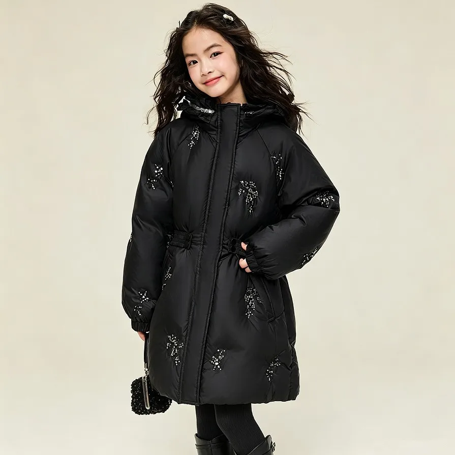 Mädchen Weiße Daunenjacke mit Pailletten und Stickerei, Kapuze, Tailliert, Mittellanger Mantel, Kinder Winter Winddichte Warme Oberbekleidung A5103 – Detail 5