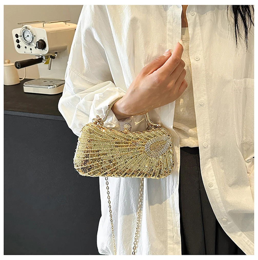 

Women Sequined Handbag American Fashionable Elegant Shiny Cross Body Bags Rhinestone Handle Lady Beaded Banquet Bags