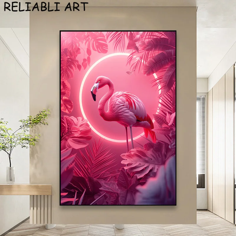 モダンなピンクのフラミンゴのキャンバス絵画、北欧の動物のポスターと