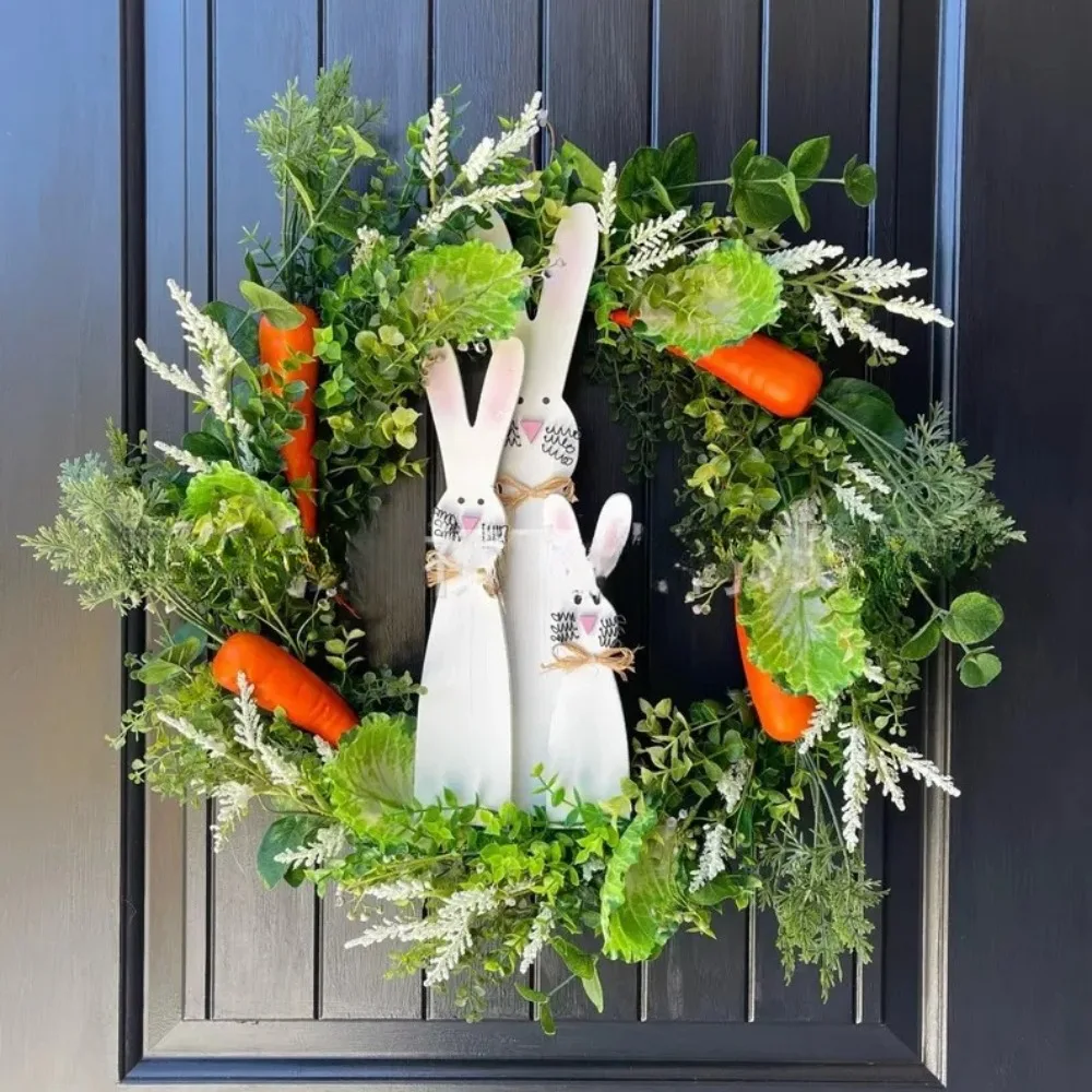 

New Easter Decor Bunny Carrot Wreath Door Wall Garland Happy Easter Artificial Greenery Creative Garland Festival Decor