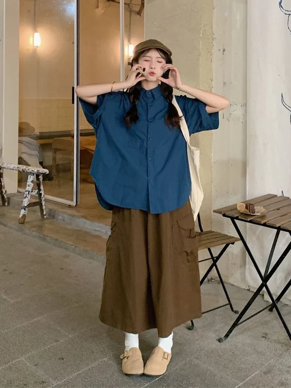 

plus Size 300 Pou Fat MM Retro Japanese Blue ort Sve Women's Summer Loose Slimming Design irt Korean Sle Commute