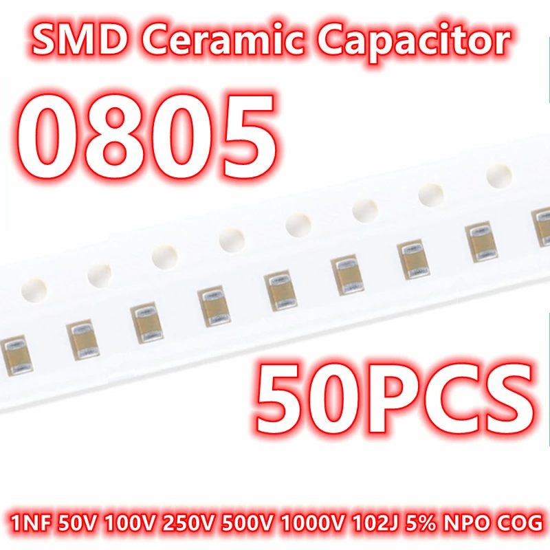 Condensador cerámico Original 0805, 1NF, 50V, 100V, 250V, 500V, 1000V, 102J, 5% NPO, COG, SMD, IC 2012, 50 piezas