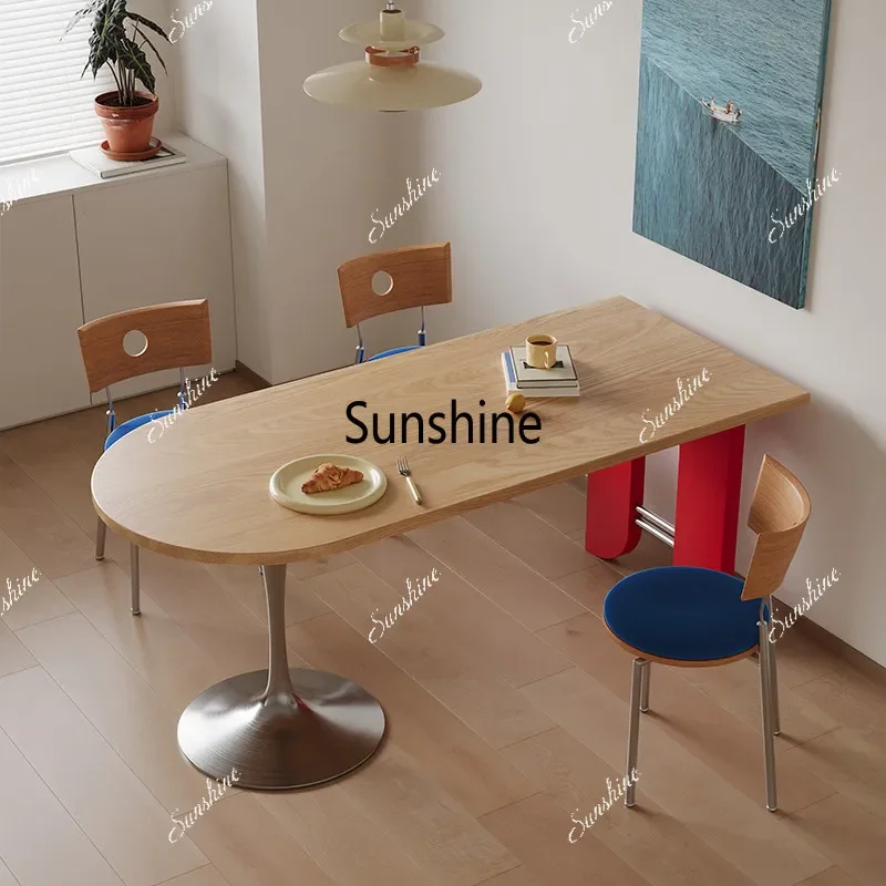 Medieval solid wood dining table household small apartment semi-round dining table color matching desk against the wallTJ