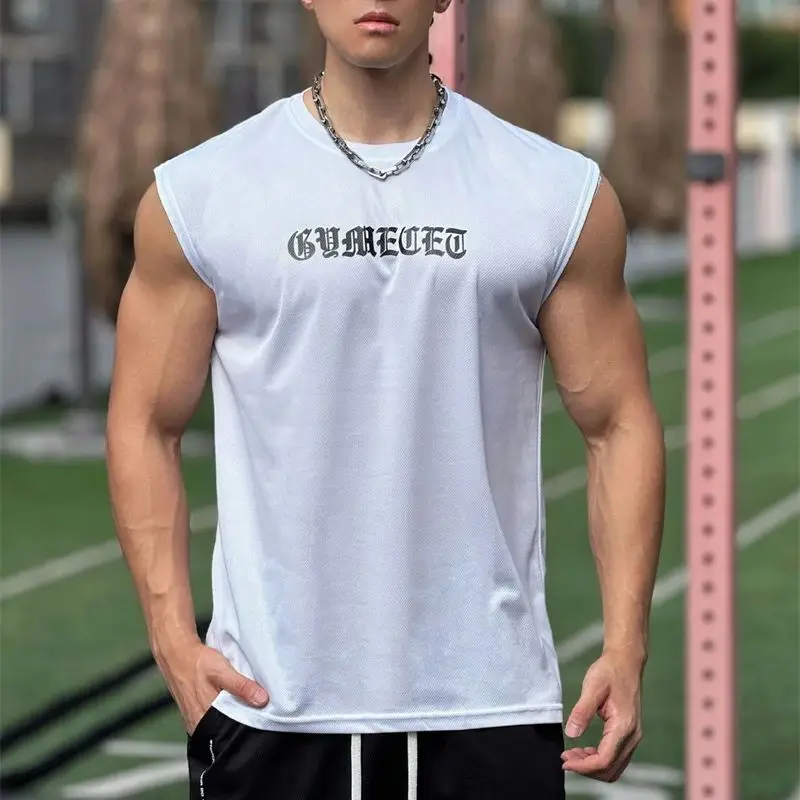 New summer men's vest streetwear casual top wide shoulder round neck quick drying breathable fitness sportswear