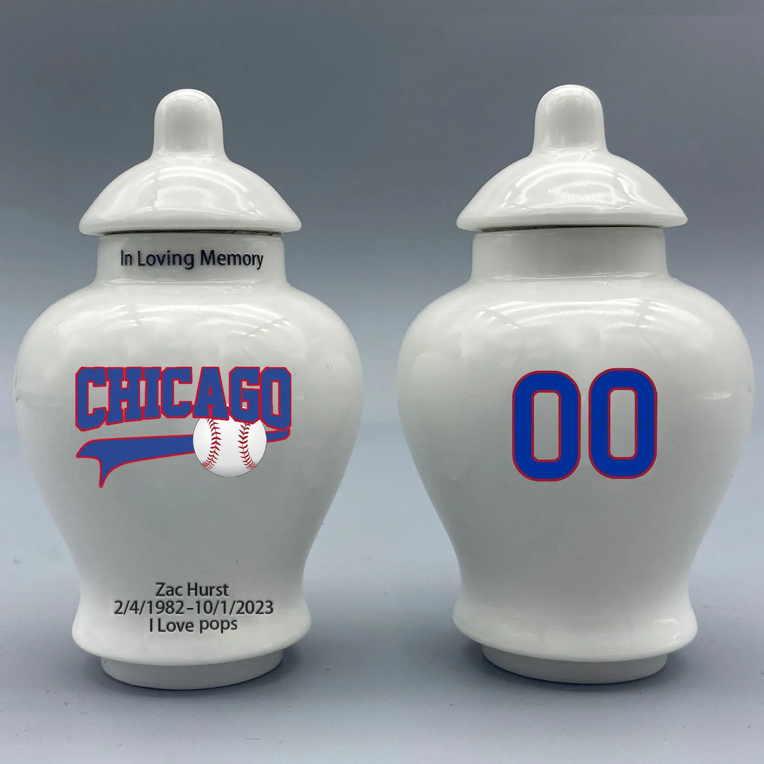 

Mini Urn for Chicago Cubs-Baseball themed.Please send me the customization information - name/date and number on the urn