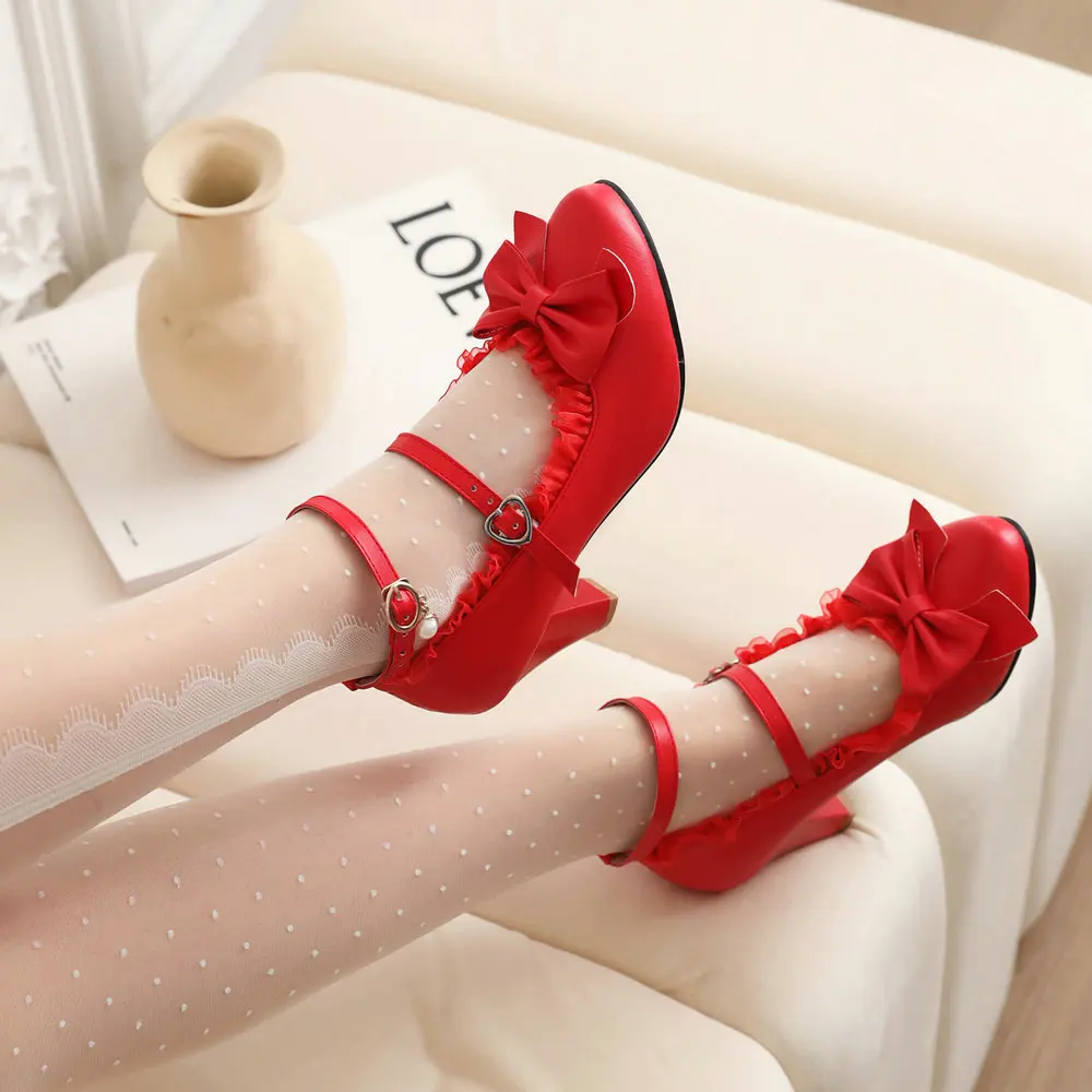 Wedding Shoes for Bride Closed Toe Bridal Dress Spike Heel Pumps Girls Lolita Cosplay Party Mary Jane Lace Edge Red Plus Size