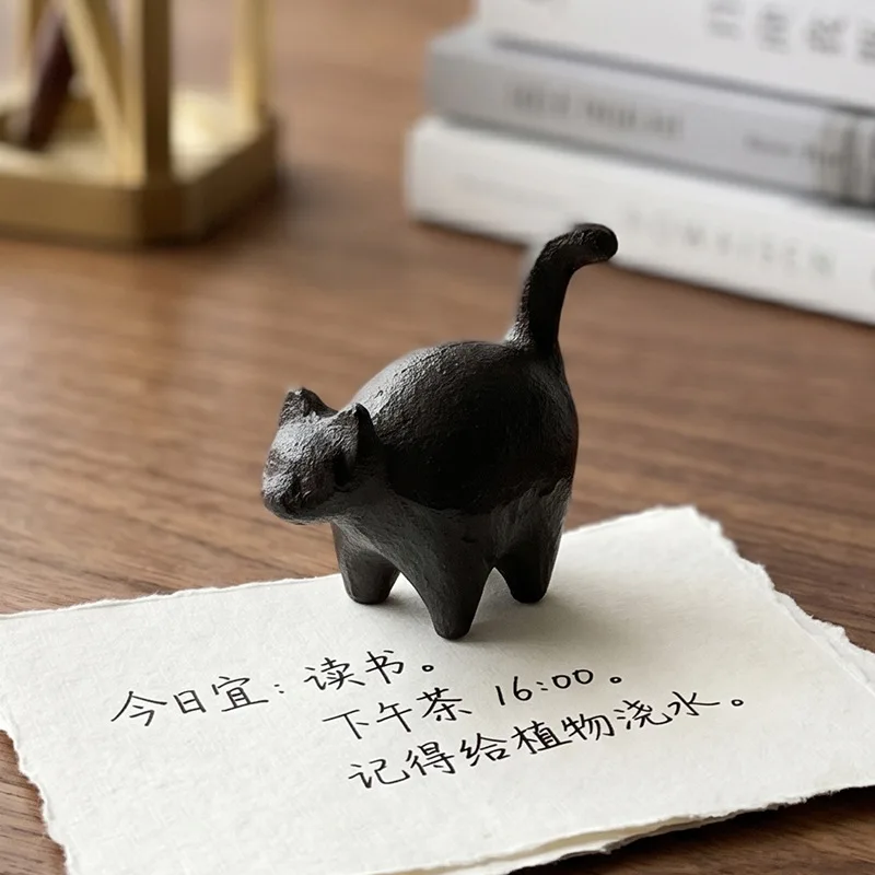 Vintage Cast Iron Paperweight with Cat Figurine, Multi-purpose Writing Brush Rest, Chinese Study Decor Ornament Desk Decor