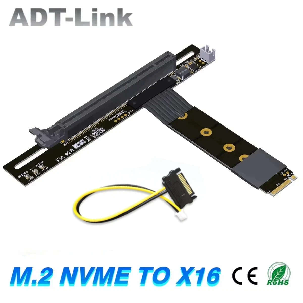 ADT-Link New PCIe X4 4.0 M.2 NGFF NVMe To X16 High Speed FFC Graphics Card Extender Cable DC Power Reinforcement ATX Upright GPU