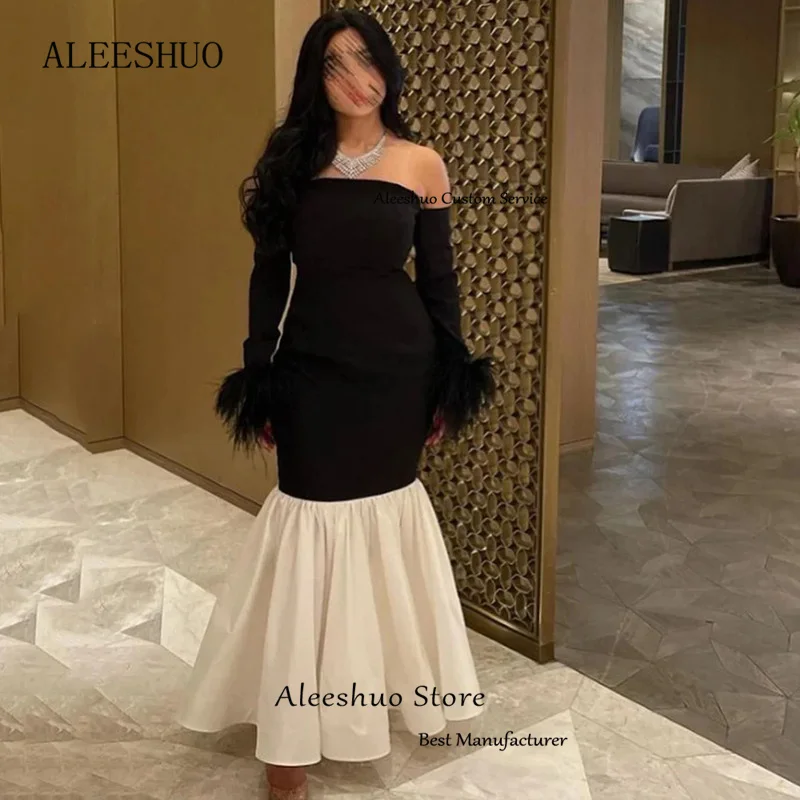 Aleeshuo Saudi Arabia Long Sleeve Prom Grwon Off The Shoulder Mermaid Pleat Feathers Vestidos Pleated Prom Dress Ankle-Length