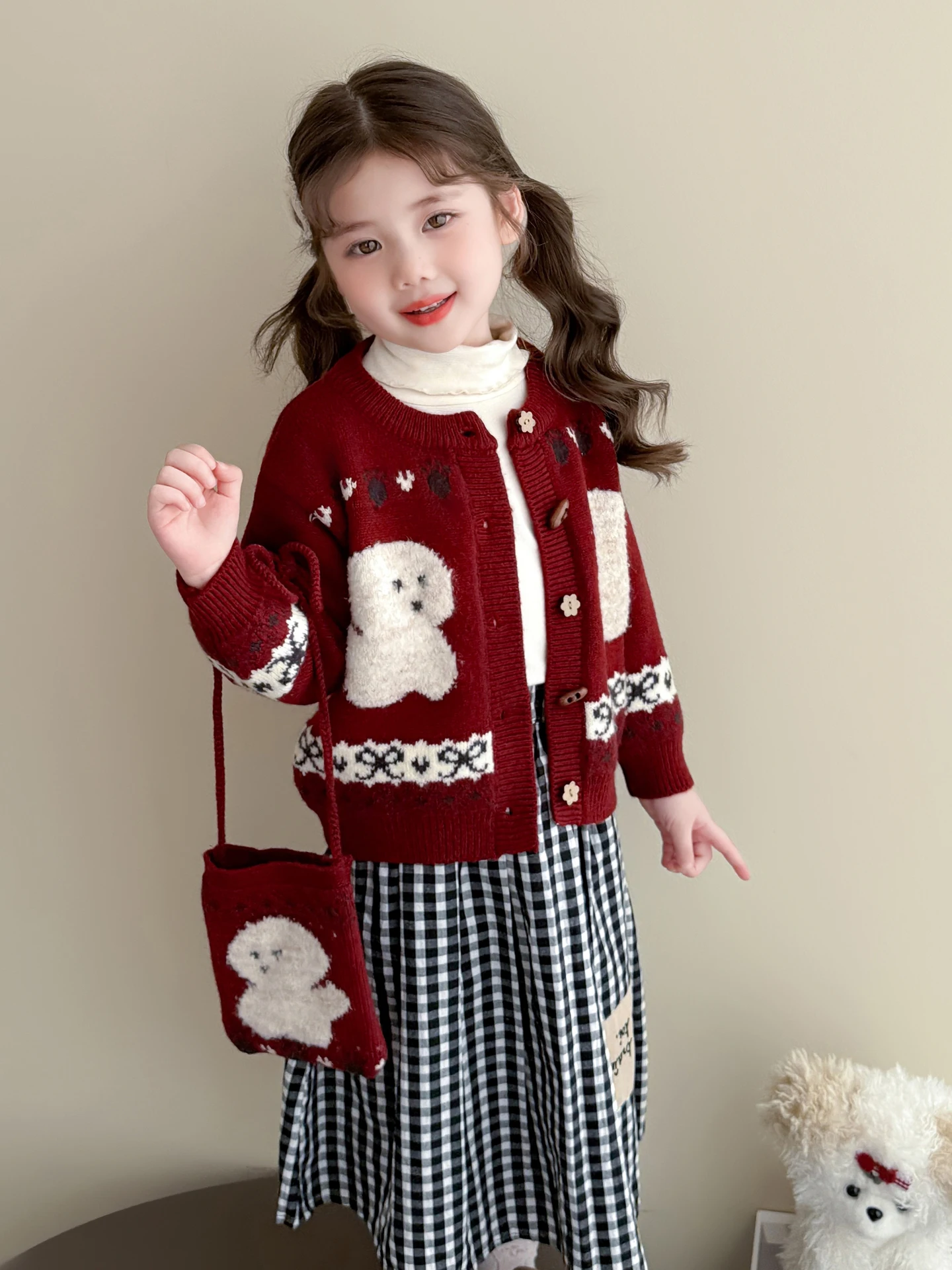 Korean Sle Girls Knitted Cardigan Sweater Cartoon Print Autumn Winter Warm Outerwear Baby Coat Trendy Children's Faion