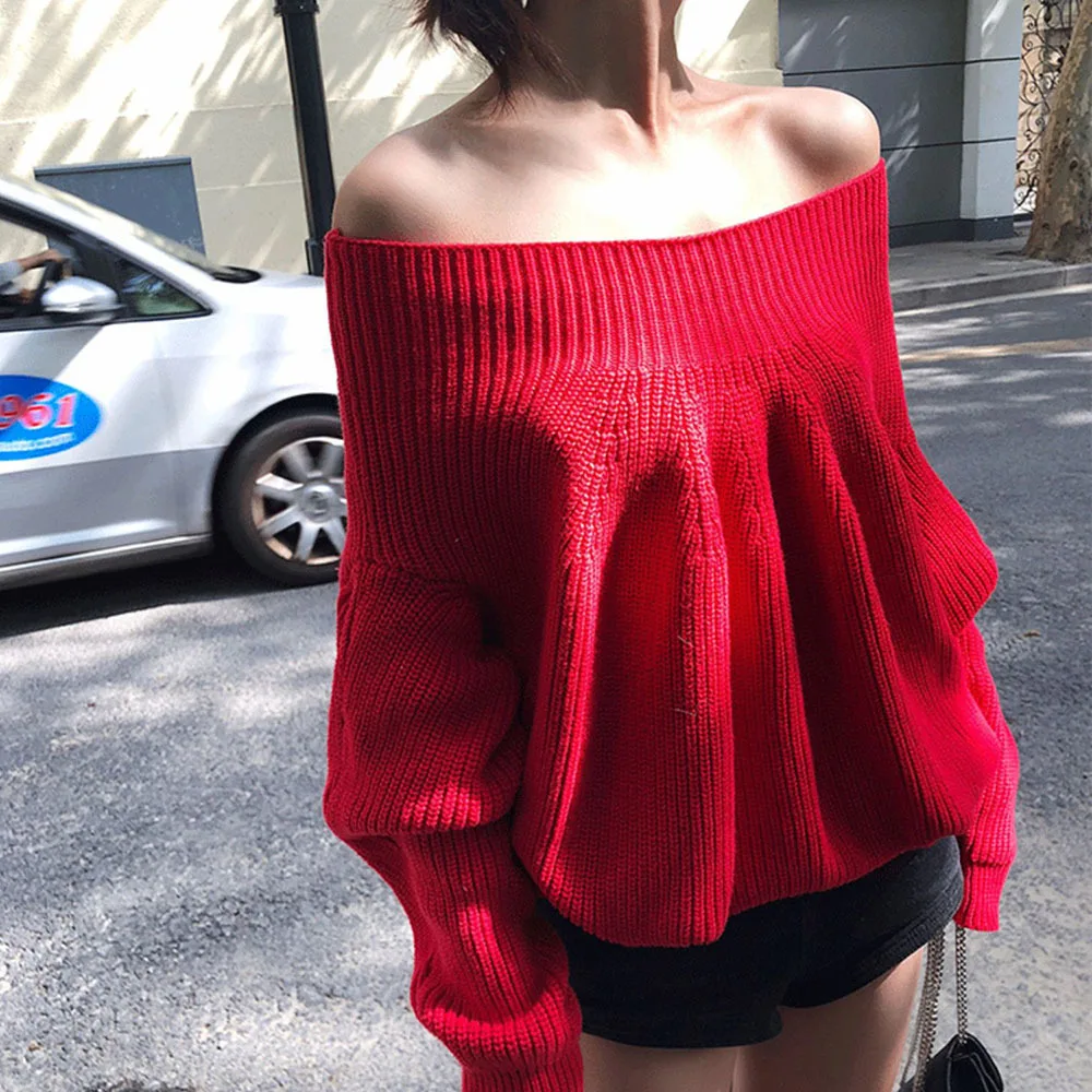 Корейские осенние свитера с открытыми плечами, женские пуловеры с длинными рукавами и шнурком, 2024, шикарные свободные вязаные топы с вырезом на шее
