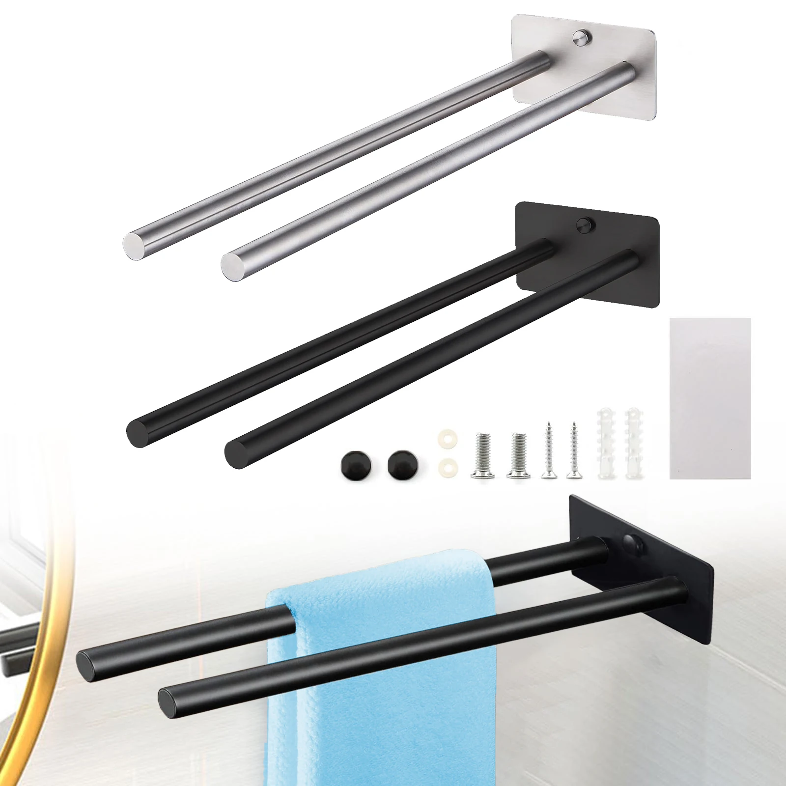 

Double Rod Towel Holder Matte Black Stainless Steel Towel Rail Bar Wall Mounted Hand Towel Rack for Bathroom Kitchen Accessories