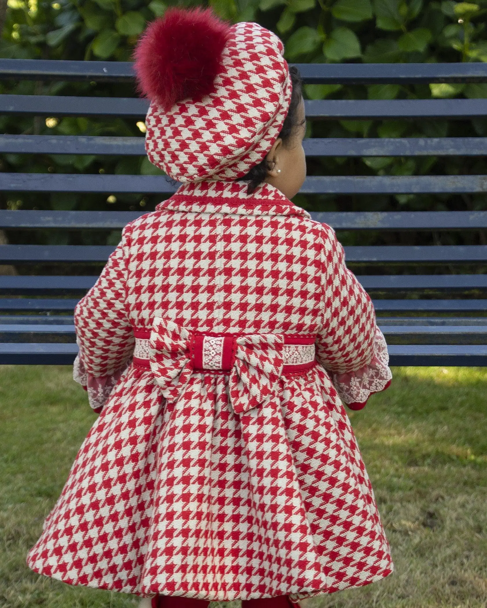 1-12Y Baby Girl Autumn Winter Red Houndstooth Palace England Spanish Princess Wool Coat for Casual Holiday Party Christmas