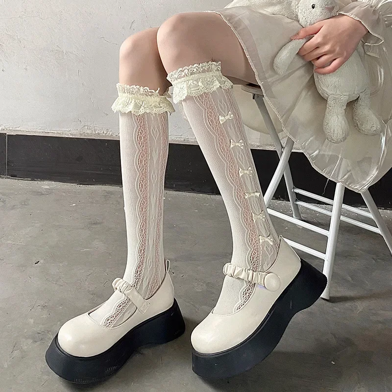 

Stockings Woman Summer Thin Solid Color Bowknot Lace Middle Tube JK Lolita Cute Socks Black White Fishnet Stockings for Women