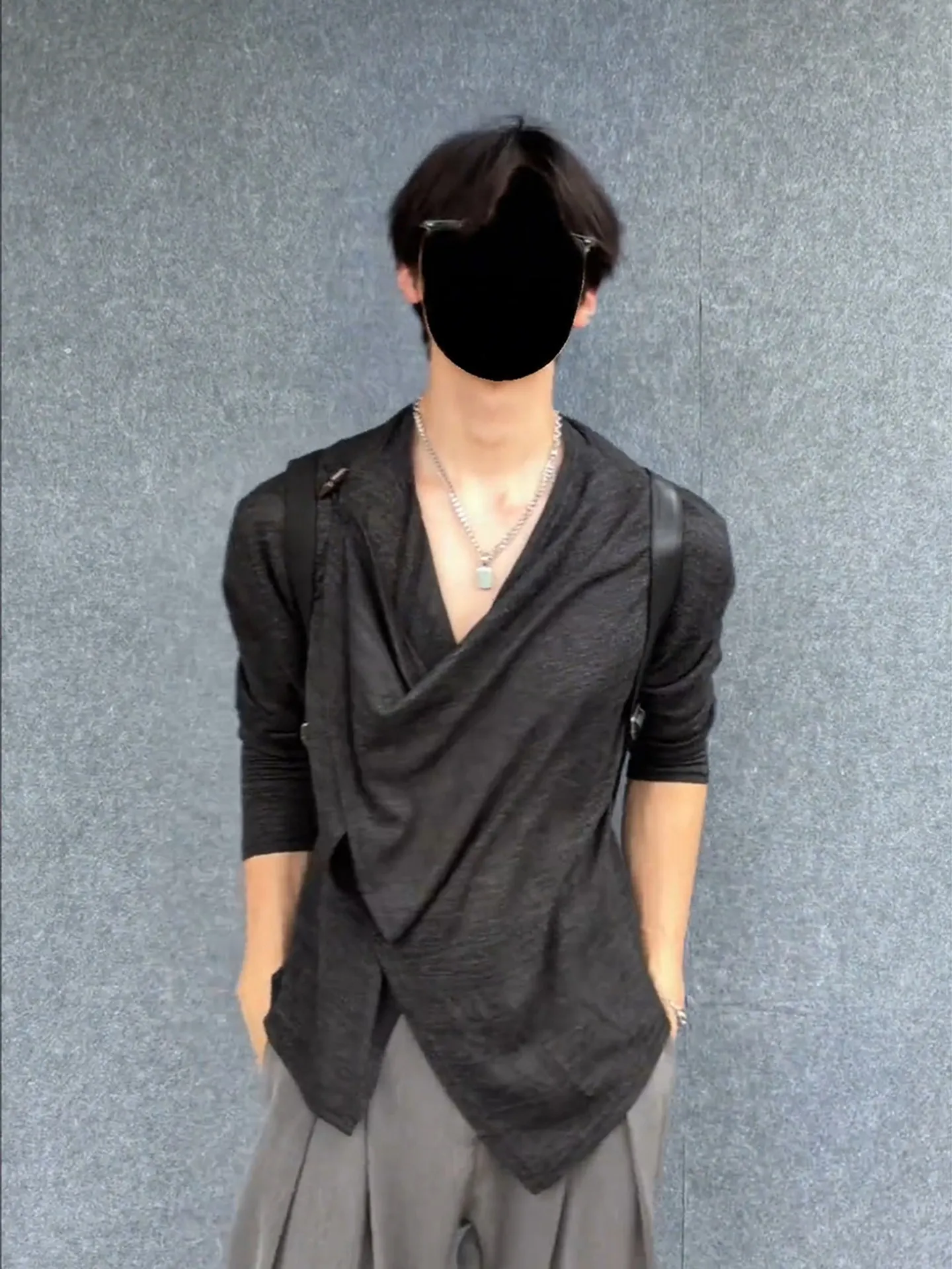 Black Long Sleeve T-Shirt Men's Style Summer Breathable Sun Protection Collar Stack Design Casual Knitted Loose Fit Teenager