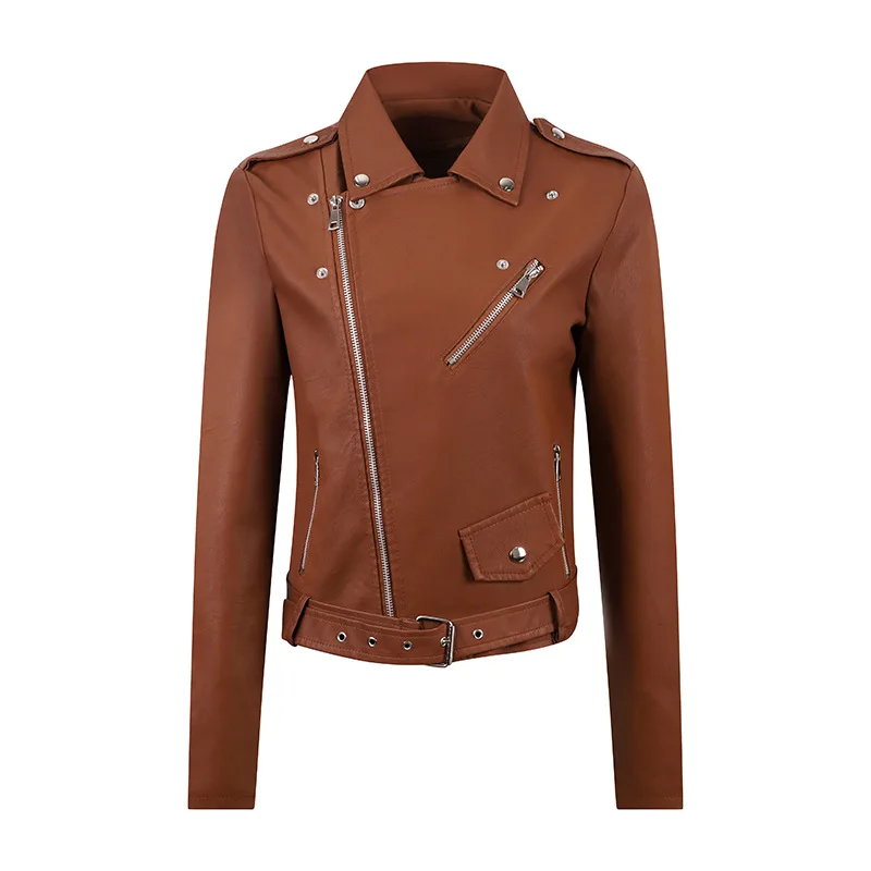 MAIDANGDI Women leather jacket women coat short autumn and winter PU diagonal pull slim fitting water wheel leather jacket Y2K