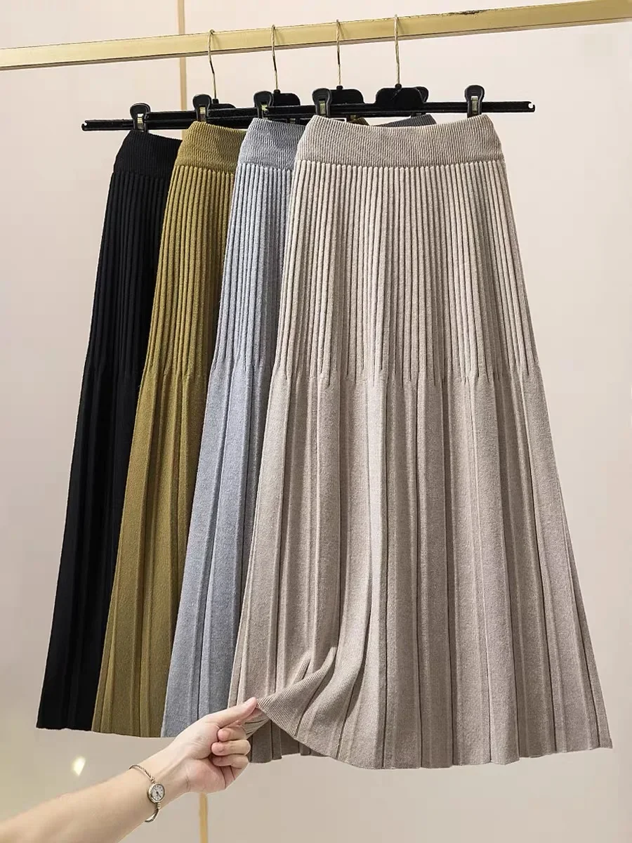 

Knitted Pleated Skirt for Women 2024 Autumn Winter Thick Warm Casual All-match A Line High Waist Midi Long Skirt Female Z422