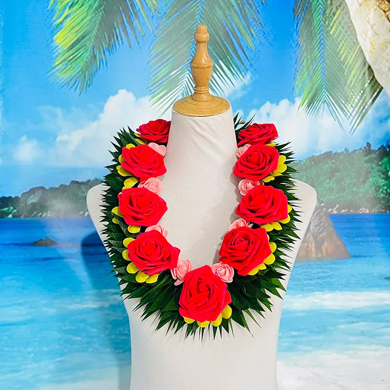 

New Arrival Aloha Handmade Tongan Kahoa Leis for Graduation Necklaces Red Rose Flowers With Ti Leaf Hawaiian Style High Quality