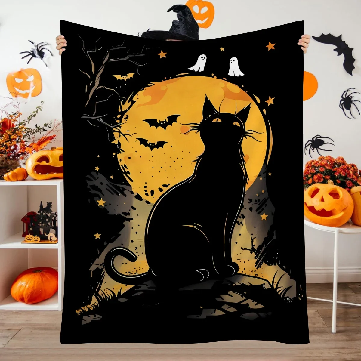 

Фланелевое плюшевое одеяло на Хэллоуин с принтами летучей мыши с черным котом и луной идеально подходит для уютных ночей и подарков