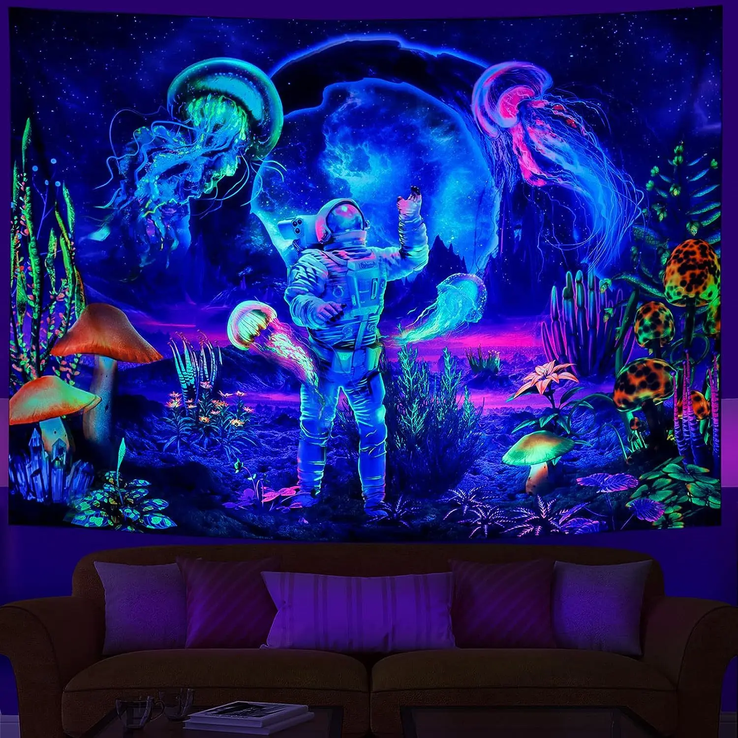 

Mushroom Jellyfish Fluorescent Tapestry Home Decoration Night Light Hanging Cloth Bohemian Room Decoration Tapestry Halloween