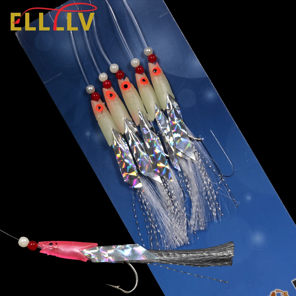 Elllv 2bags Sabiki Rigs Luminous Fish Head Flasher Streamer Fishing Lures Soft Artificial Fishing Bait String Hook 3/0