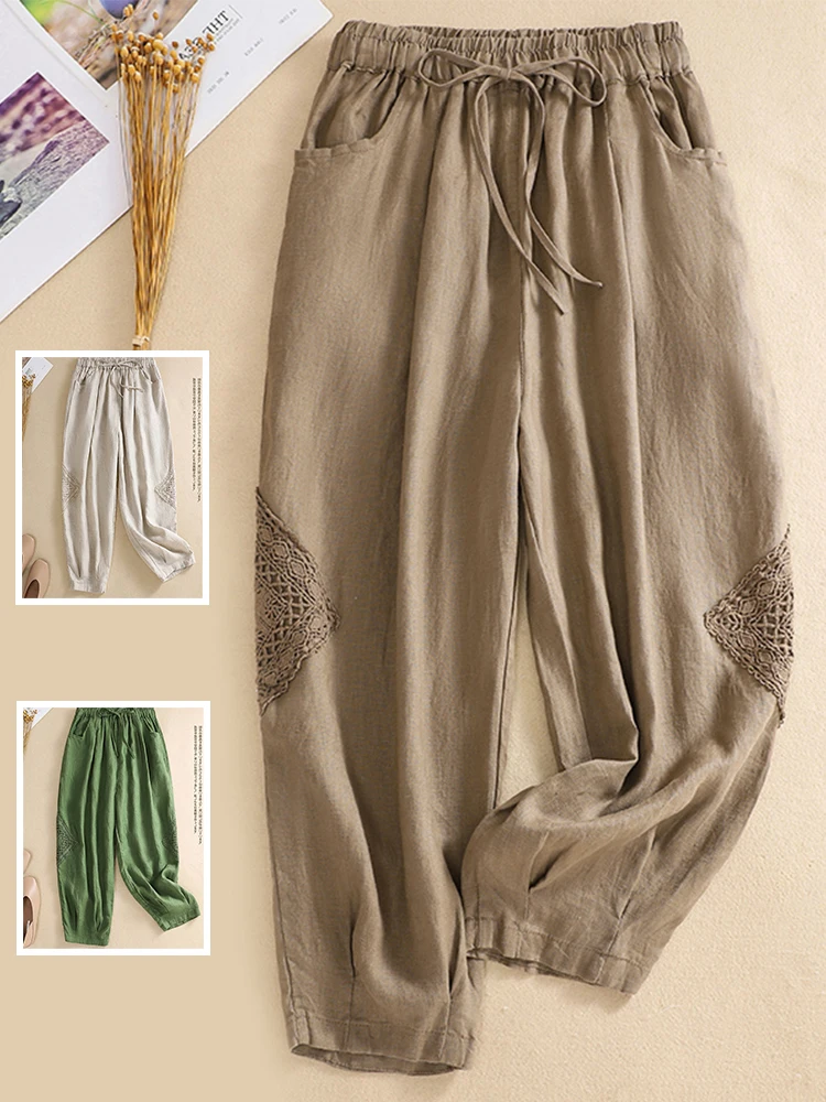 

plus Size Women's Retro Artistic Cotton Linen Belted Harem Pants Elastic Waist Lace Splicing Slimming Nine Point Pants