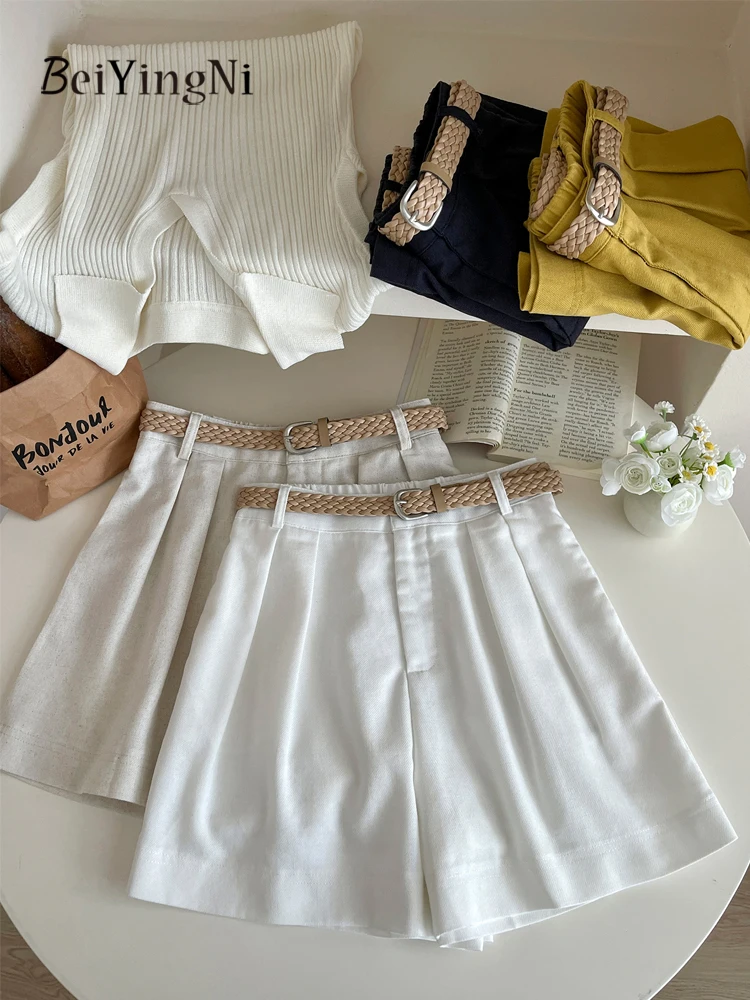 Beiyingni 2025 Korean Summer Women's Shorts Belted Casual Cotton Linen Vintage Harajuku Wide Leg Short Pants Female White Chic