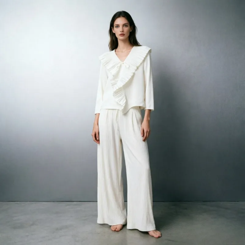 Miyake Pleated Pants Set 2026 Summer New Gentle Wind Solid Color Ruffled Cardigan Top Loose Straight Pants Casual Women's Set
