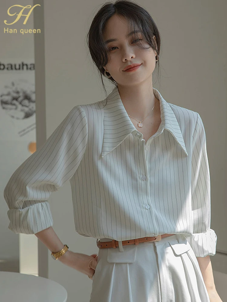 

H Han Queen 2025 Autumn Winter Stripes Blouse Woman Clothing Basic Loose Office Vintage Tops Loose Casual Elegant Shirts Women
