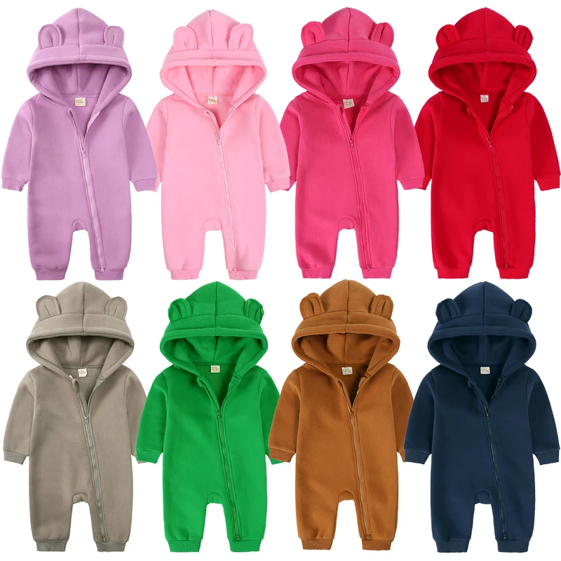 ZOETOPKID Winter Baby Boy Girl Clothing Cute Bear Ear Fleece Hooded Jumpsuit Knitted Zipper Cotton Rompers New Born Baby Clothes