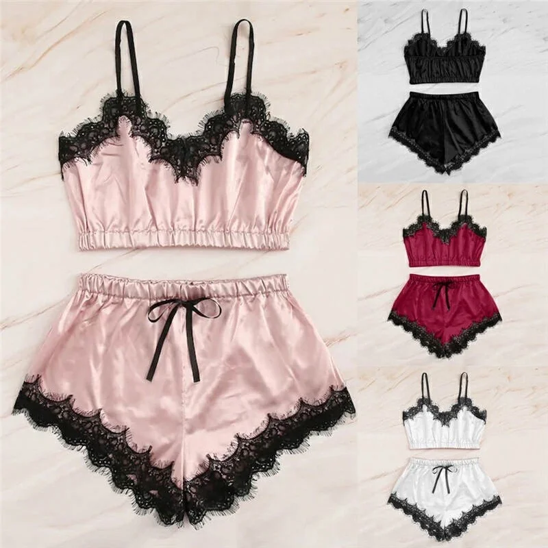 

Sexy Lace Lingerie Set Women Satin Spaghetti Strap Camisole Lace Trim Shorts Nightwear Sleepwear Two Piece Intimate Pajama Set