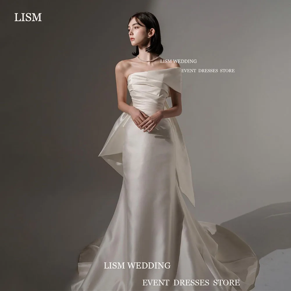 Gaun pernikahan Satin elegan, gaun pengantin Satin elegan, satu bahu lipit panjang, gaun pengantin wanita model Korea