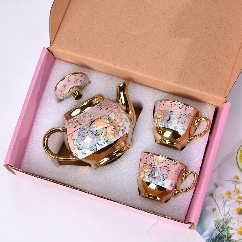 

European Style 2 Cups 1 Pot Gold-plated Ceramic Tea Set Electroplated Coffee Cup Pot Practical Promotional Gift