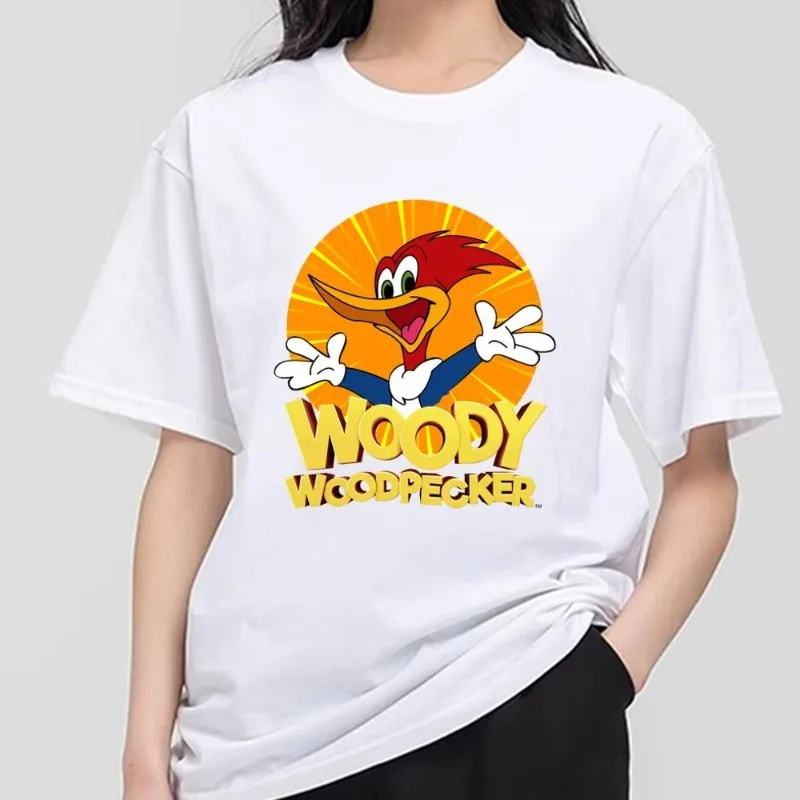 The W-Woody W-Woodpecker Cartoon T Shirt Men Couple Combination Clothes Short Sleeve Collar Fashion T-shirt Women Cotton