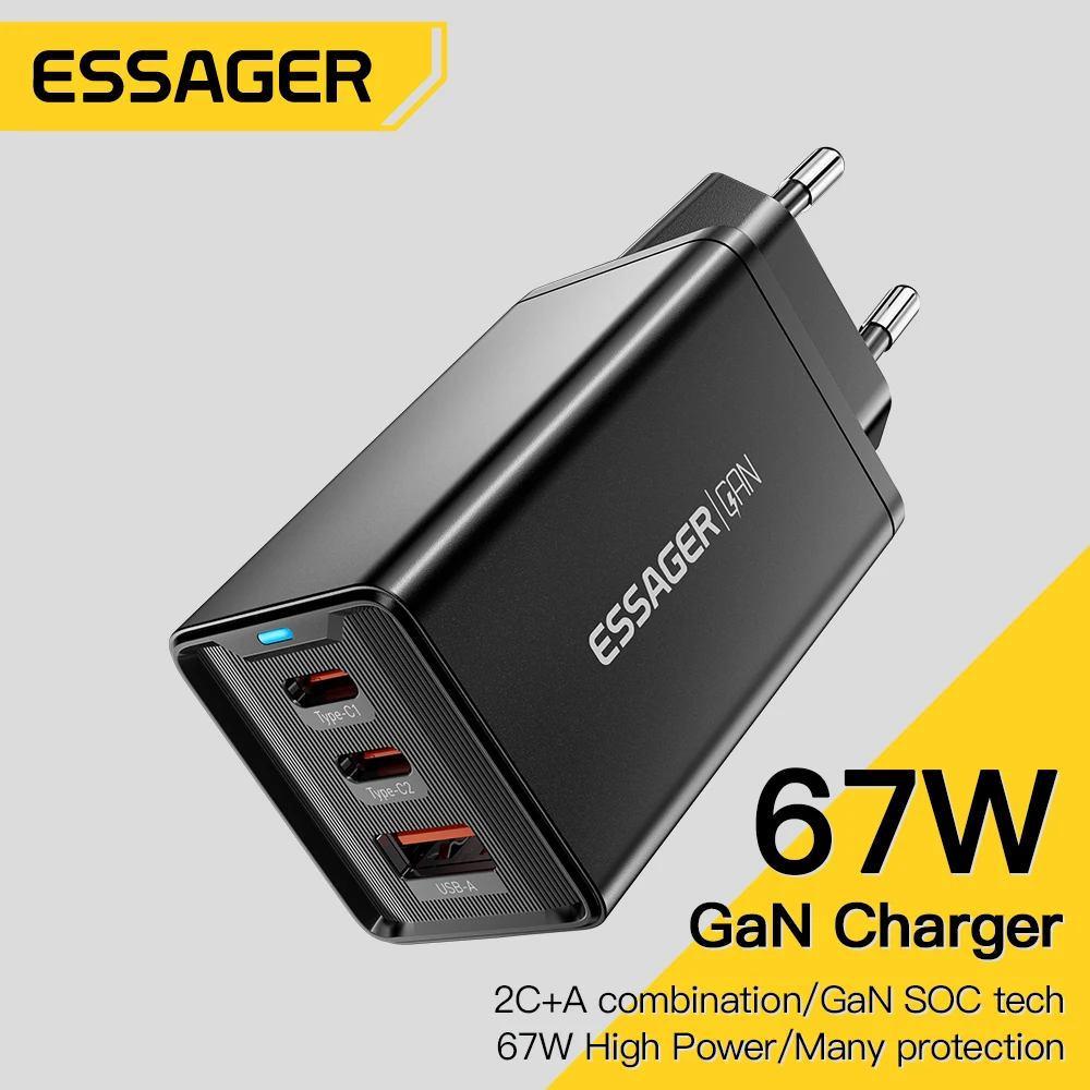 Essager 67W GaN USB Charger Quick Charge 3 Ports USB Type C Charger For IPhone 15 14 13 Macbook Laptop iPad Xioami Samsung S23