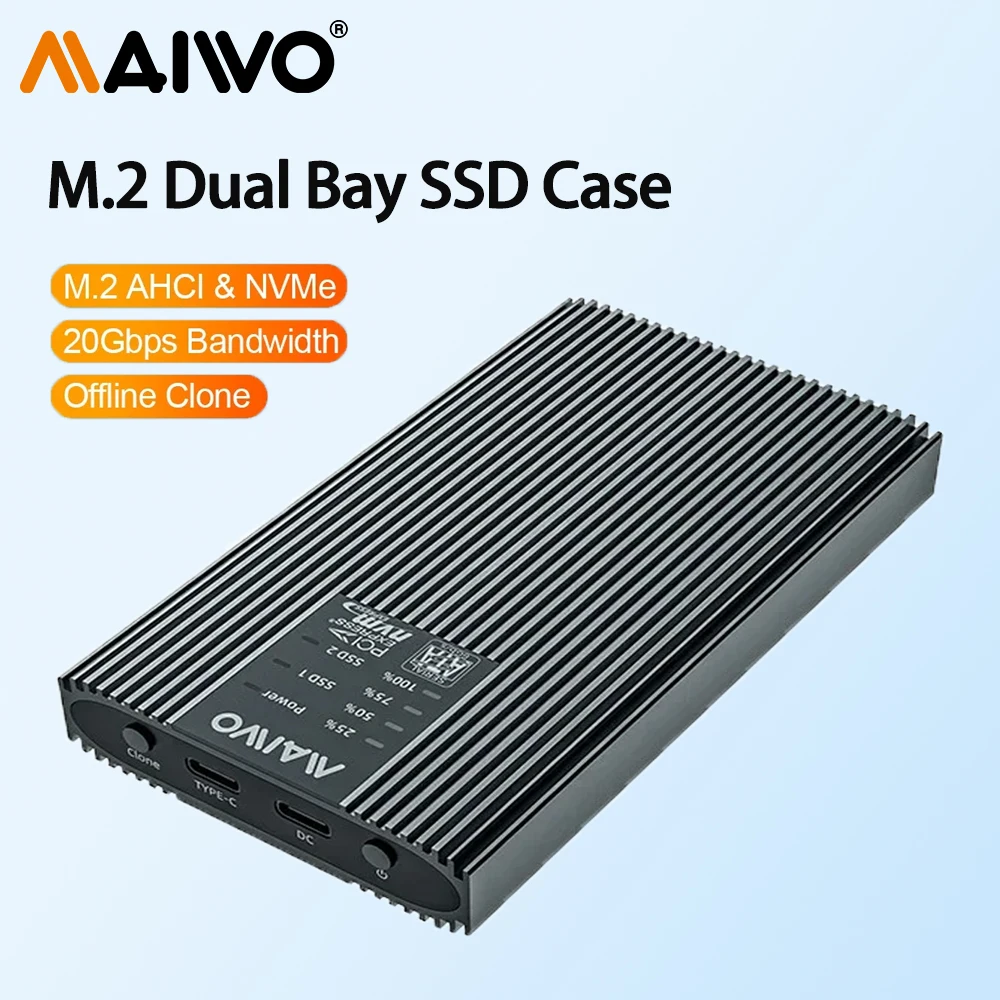 

MAIWO M.2 Duplicator Dual Bay Clone Enclosure 20Gbps USB C 3.2 Gen2 USB to NVMe SSD Docking Station Support Offline Cloning
