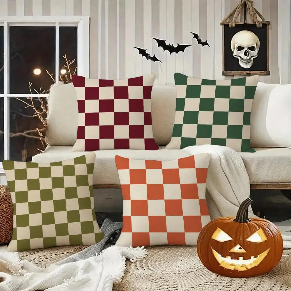 Checkerboard Pattern Cushion Cover Halloween decoration trick or treat cushion cover, ghost, pumpkin head, bat decoration