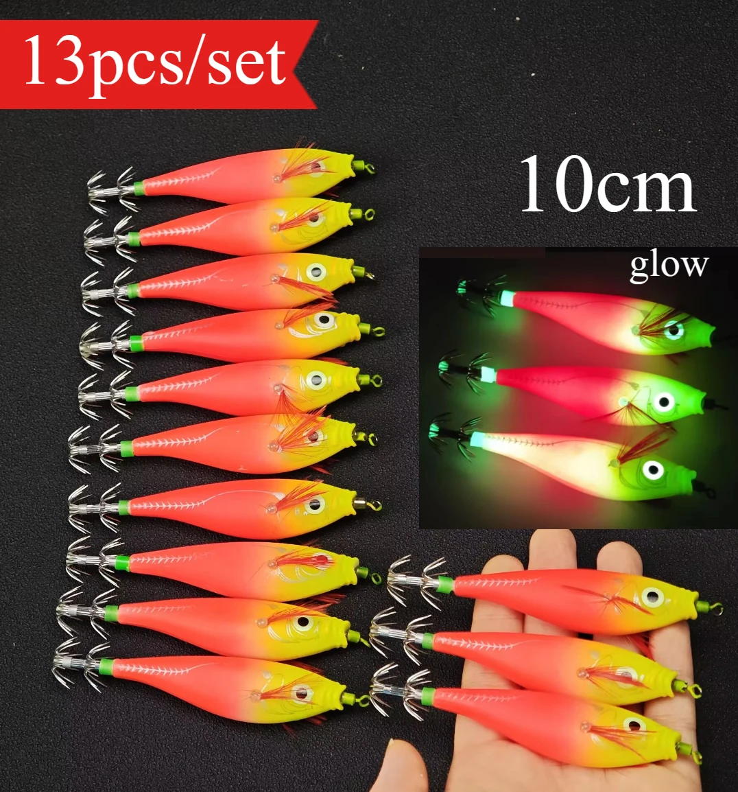 Glow Squid Jig 13pcs 10cm Hook Saltwater Luminous Shrimp Fishing Lures Cuttlefish Fishing Accessories Shrimp Lure