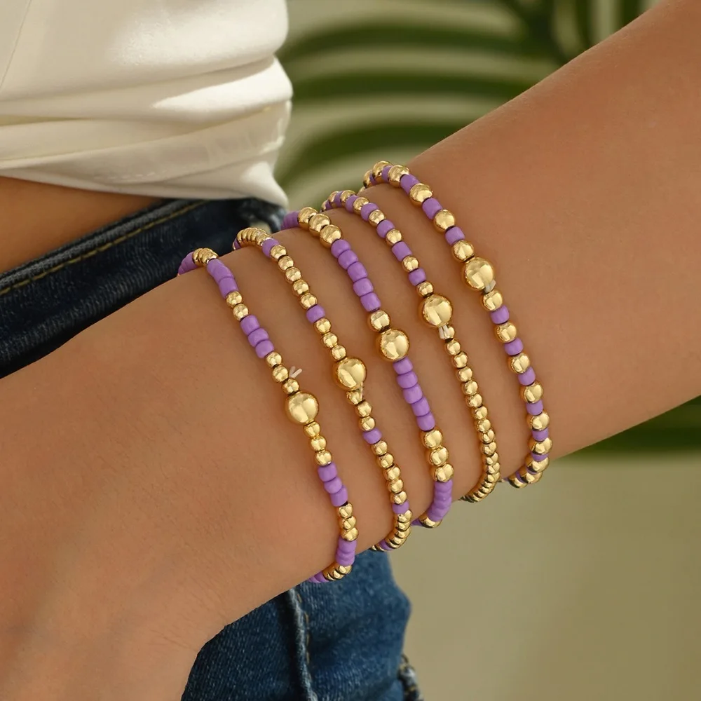 5pcs Set Trendy Dopamine Contrast Color Purple Beaded Stackable Bracelets for Women Multi-Piece Bohemia Vacation Jewelry Sets