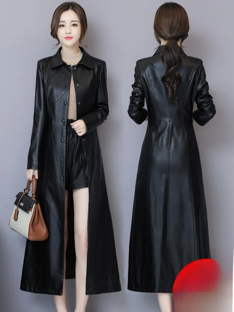 Cappotto in pelle da donna taglie forti, lunghezza media, sopra il ginocchio, in pelle di pecora, stile coreano alla moda, slim fit, a maniche lunghe, per il commuting