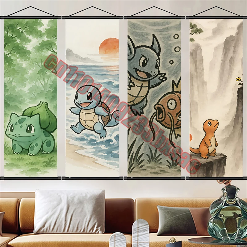 

Classic Childhood Anime Pokemon Charmander, Bulbasaur, Squirtle Retro Style Art Scroll Drawings for Living Room Wall Decor Gifts