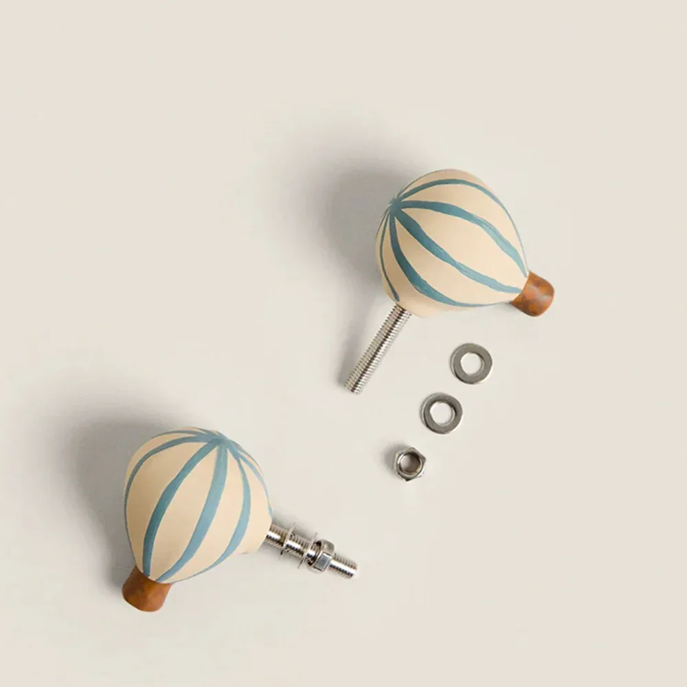 2Pcs Vintage Blue Striped Hot Air Balloon Resin Drawer Knobs, Decorative Furniture Pull Handles for Cabinets Dressers Cupboards