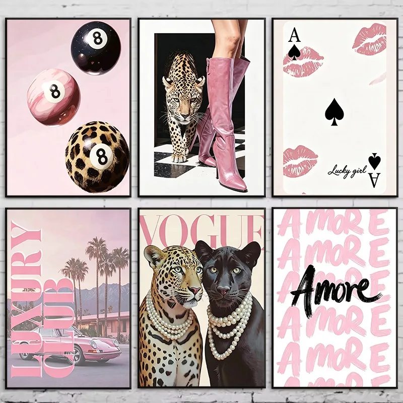 Pink Y2k Cheetah Trendy Poster Lucky 8 Ball Artistic Graphics Modern Aesthetic Canvas Painting Wall Art for Dorm Room Home Decor